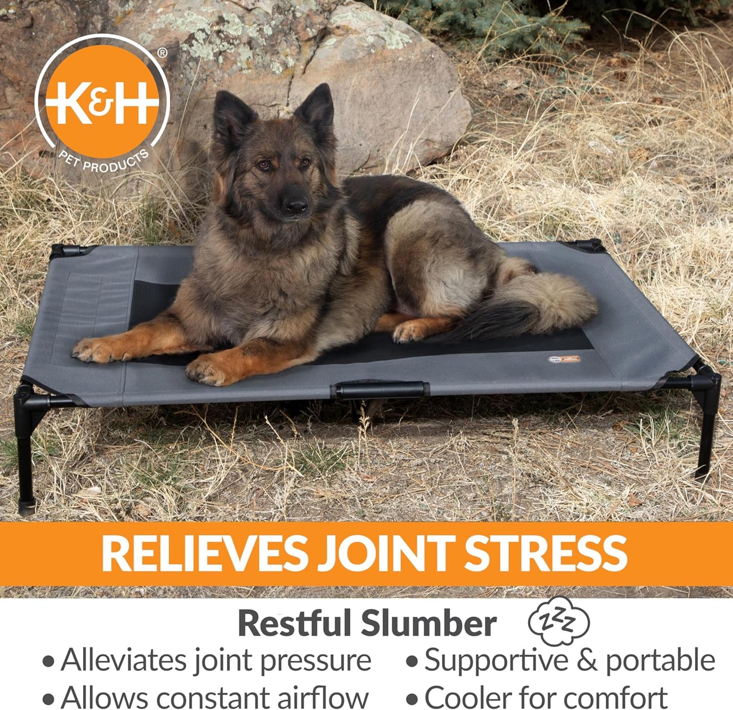 K&H Pet Products Outdoor Elevated Dog Cot, Breathable Cooling Elevated Cot Hammock Pet Bed for XL Dogs, Washable Mesh Cover, Raised Metal Frame, Collapsible, Portable - Extra-Large 50 X 32 Charcoal