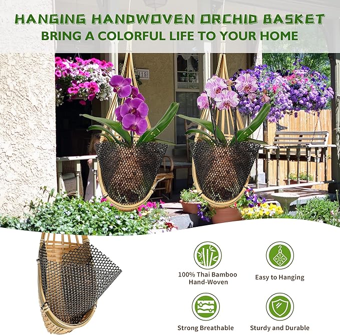 Orchid Hanging Planter 5 Inch 6 Pack with Bird Nest Style Plant Hangers, Handmade Thai Bamboo Woven Hanging Orchid Basket for Trellis Gazebo Indoor Outdoor